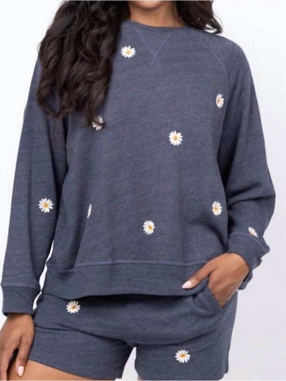 THE GREAT. Navy Crewneck Sweater with Daisy Embroidery